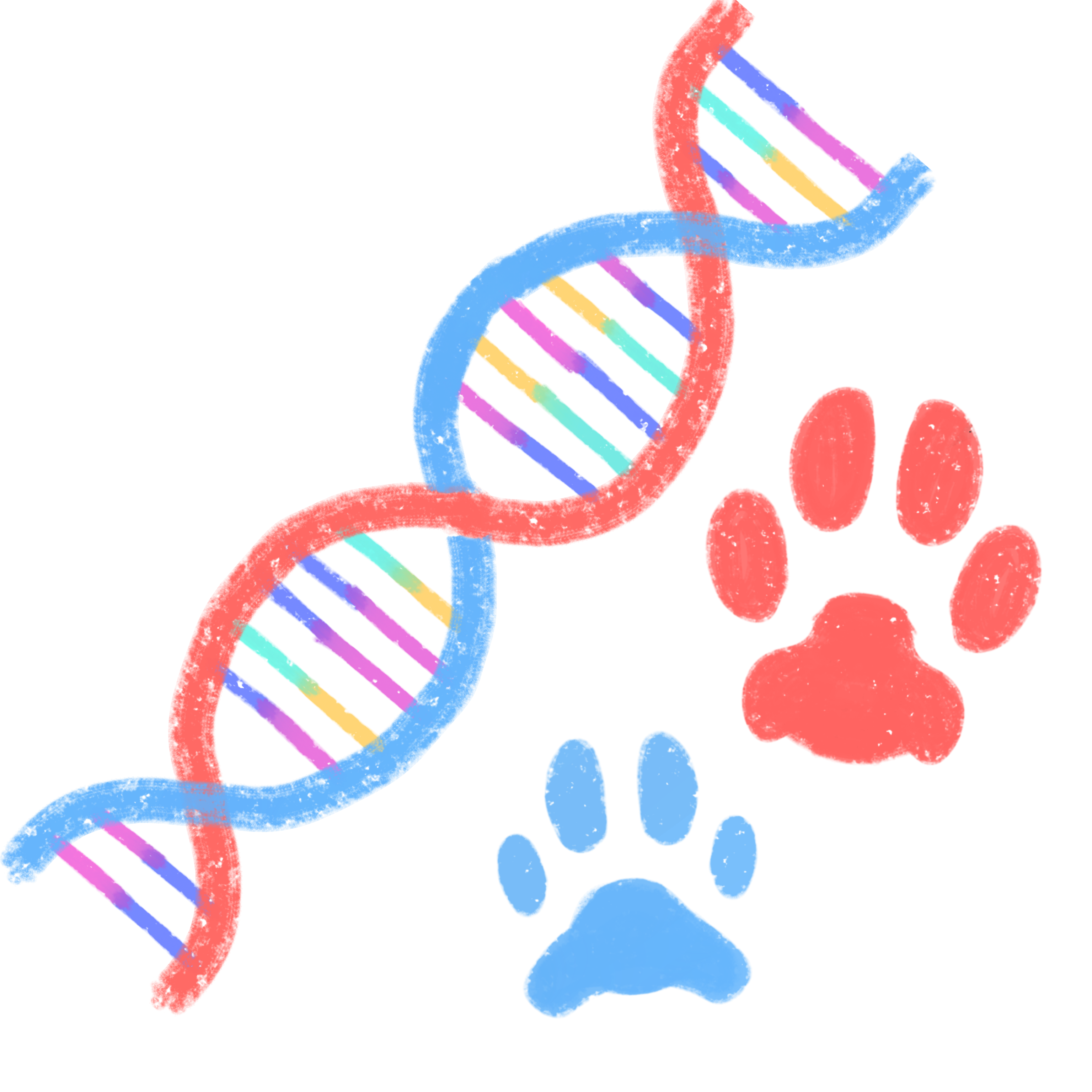 a red and blue DNA helix, next to it on the bottom right are a big red dog paw print and a small blue cat paw print.
